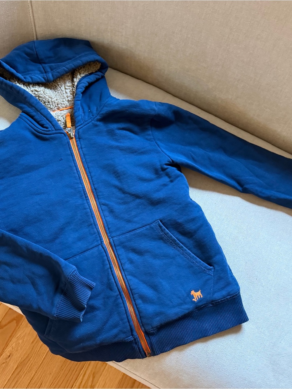 Mini Boden Navy Blue Hoodie w. Orange Zipper + Sherpa Lining - Sz 9-10 GUC